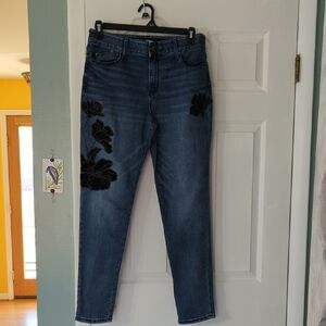 Chico's Dark Blue Skinny Jeans with Black Floral Appliqué EUC